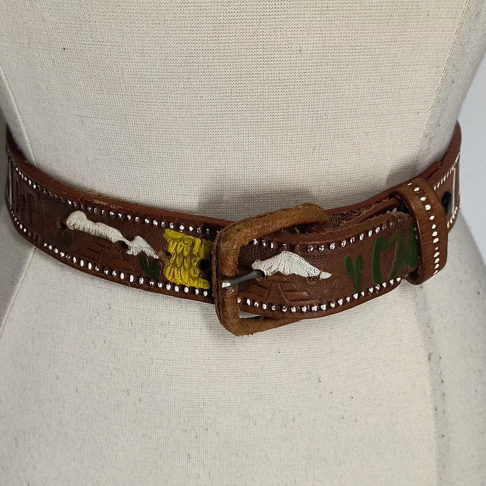 Vintage Mexican tooled brown leather western belt-fits waists 20 to 24 inches